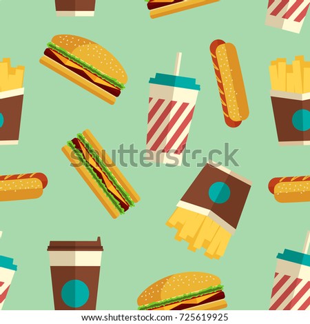 Fast Food icons pattern on turquoise background. Business lunch print. Modern color. Minimalistic style. Flat design. Clip art illustration.