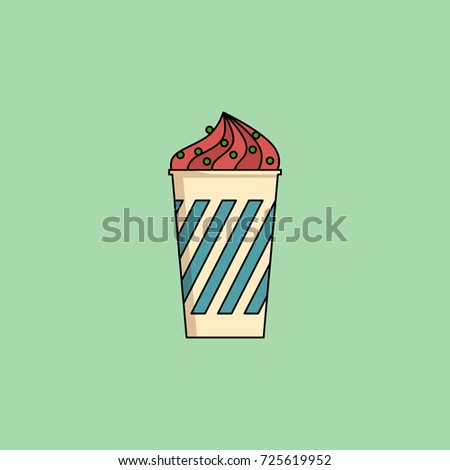 Cute cartoon berry icecream in cup with candy sprinkling. Sundae flat icon on green background. Minimal line style, modern color. Ice-cream web icon. Design element, Clip art illustration.