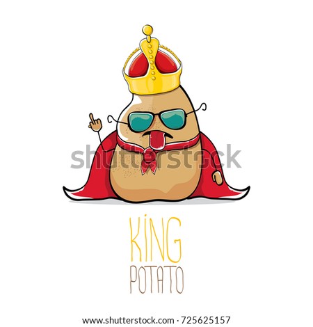 vector funny cartoon cool cute brown smiling king potato with gold crown and red mantle or cape isolated on white background. vegetable funky character