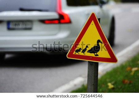 road warning sign, ducks passing the road
