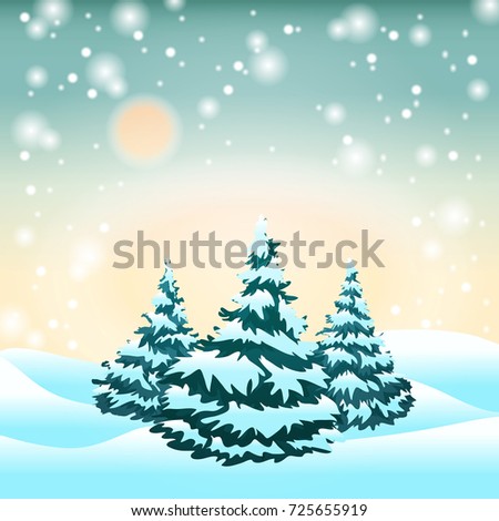 Sunrise in the winter forest. Christmas trees in the snow. Snowstorm. Card. Eps 10 Vector. Christmas background.