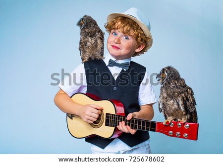 boy and his pet owl, boy musician playing the guitar and predatory feathered birds listen