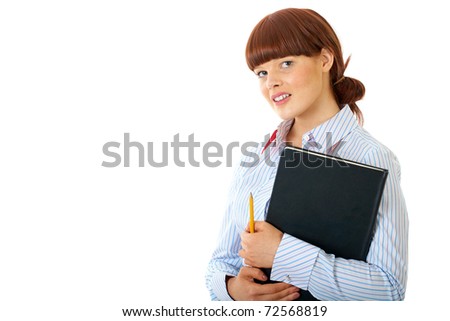 redhead female holds big black notepad and yellow pencil, isolated on white