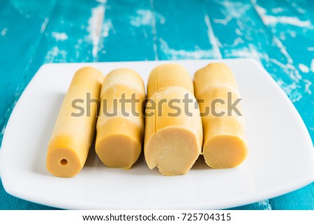 Pickled bamboo shoots in plate, One of the ingredients in making Asian cuisines.