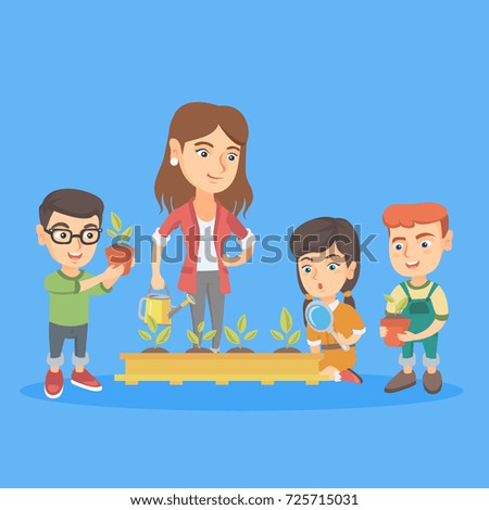 Young caucasian teacher and school kids planting sprouts in the garden. Teacher teaching school kids how to grow sprouts at the lesson of botany. Vector sketch cartoon illustration. Square layout.