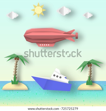 Paper Origami Airship Flies over the Sea and the Island. Vector Graphics Illustrations Art Design. Cut Landscape Scene. Kids Dirigible, Palm, Ship, Island, Clouds, Sun. Papercut Style. Cutout Trend. 