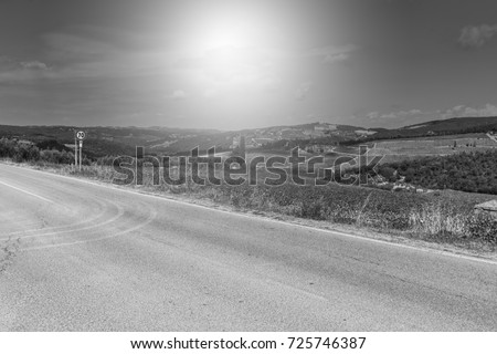 Vineyard in Italy early in the morning. Italian landscape at sunrise, hills, fields, pasture and sunlight. Black and white picture