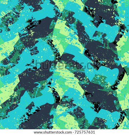 Vector bold color blocked pattern with chunks and abstract shapes in blue green hues. Hand drawn geometric print with zigzag lines, paint splashes and splatters. Grunge texture with nautical motif