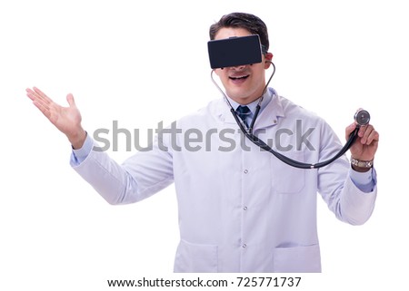 Doctor wearing a vr virtual reality headset isolated on white ba