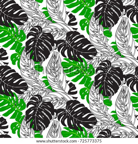 Vector seamless floral pattern with various tropical leafs inspired by tropic nature and plants like palm tree and ferns in black, white, green colors. Jungle print with paradise island foliage