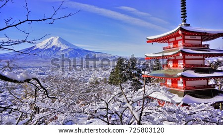 JAPAN - NOVEMBER 25, 2016: The Chureito Pagoda with the background of Mount Fuji during winter.This is one of the famous spot to take pictures of Mount Fuji. 