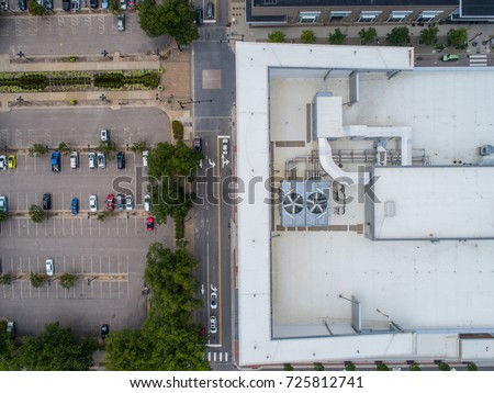 Top down shot of a building and parking lot in Raleigh, NC.