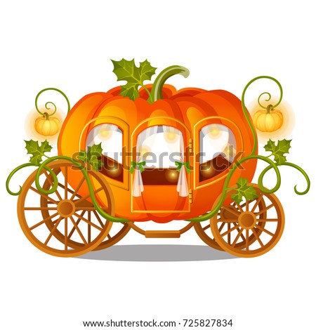 Vintage horse carriage of pumpkin with florid ornament isolated on white background. Sketch for a poster or card for the holiday Halloween or thanksgiving day. Vector cartoon close-up illustration. Royalty-Free Stock Photo #725827834
