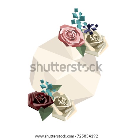 White round backdrop for text and flower bouquet consisting of roses and decorative branches in low poly style. Raster illustration.