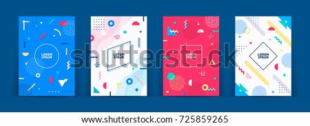 Set of neo memphis style covers. Collection of cool bright covers. Abstract shapes compositions. Vector.