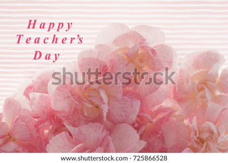 World Teacher’s Day. 5 October. Bouquet of pink Carnation on striped background with text. Greeting Card.
