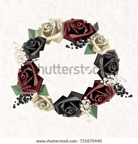 Flower wreathes consisting of roses and decorative branches in low poly style. Raster illustration. Light textured background