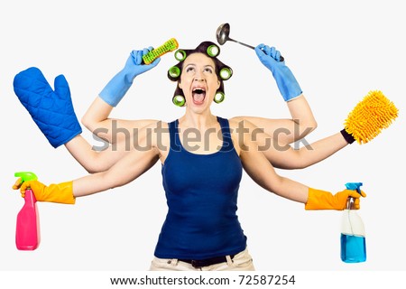 A woman in a domestic role multitasking her cleaning Royalty-Free Stock Photo #72587254