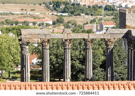 The Diana Roman Temple, a view from the roof of Evora cathedral, Portugal.