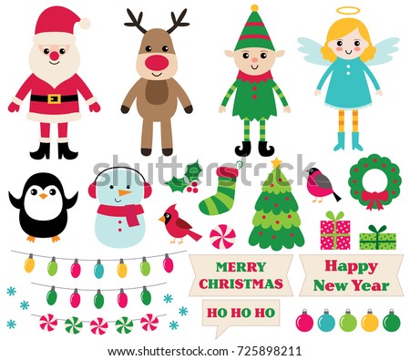 Christmas vector cartoon design elements set (Santa, elf, snowman, angel and more)