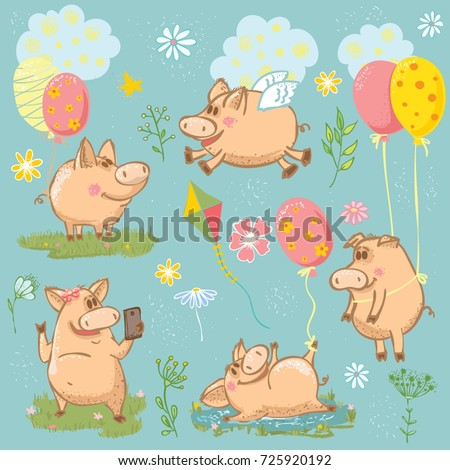 Vector illustration with colour cute pigs for greeting card design, t-shirt print, inspiration poster
