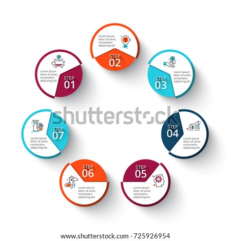 Vector circle elements for infographic. Template for cycle diagram, graph, presentation and round chart. Business concept with 7 options, parts, steps or processes. Line icons.