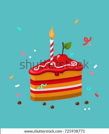 vector Icon biscuit cake with cherry. Image Happy Birthday cake. Cake with candles. Royalty-Free Stock Photo #725938771
