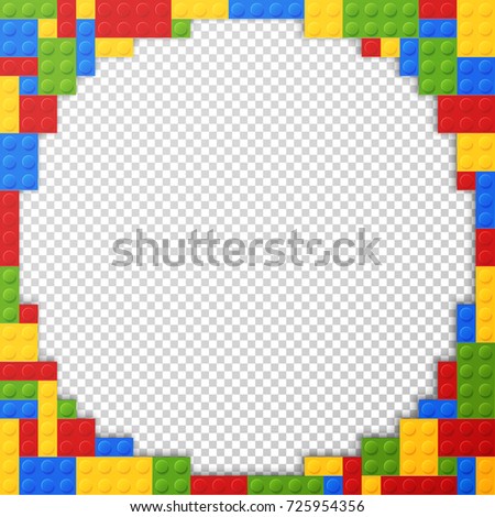 Vector template frame for photo of plastic details in 4 color. Pattern of shiny plastic construction blocks of different sizes.