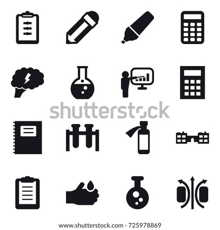 16 vector icon set : clipboard, pencil, marker, calculator, brain, round flask, presentation, copybook, school
