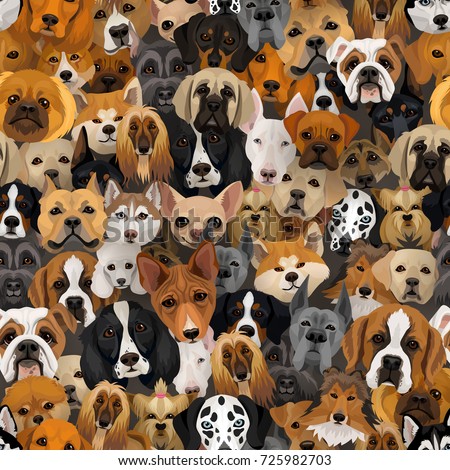 Vector dogs different breeds seamless pattern or wrapping paper 2018 year of dog background with husky, dalmatian, bulldog, schnuzer, spaniel and other breeds