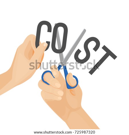 Human hands cutting word cost, concept of reduction budget cuts