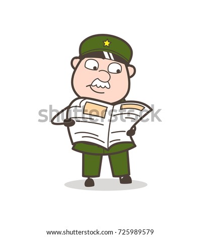 Cartoon Sergeant Reading Newspaper Vector Illustration