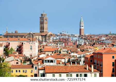 Beautiful view on Venice old town roofs with San Marco and Santo Stefano towers