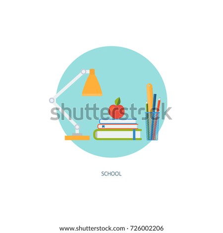 School icon in circle. Creative concept of education and online learning. Time management. Flat design, minimalist style, modern colours. Illustration for web, banners, infographics, app, sites