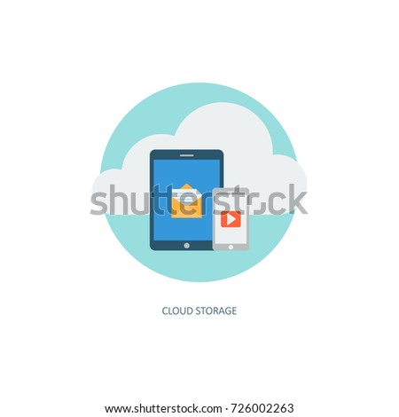 Cloud computing service icon. Creative concept of data storage network technology. Multimedia content and web hosting. Memory and info transfer. Flat design style, modern colours. Illustration