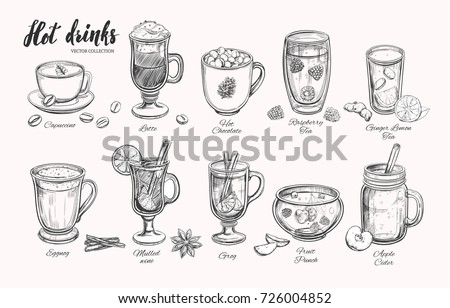 Hot drinks. Vector Christmas Winter collection. Different beverages in sketch style. Coffee, Tea, Mulled wine, Punch, Grog, Cider etc.  Royalty-Free Stock Photo #726004852
