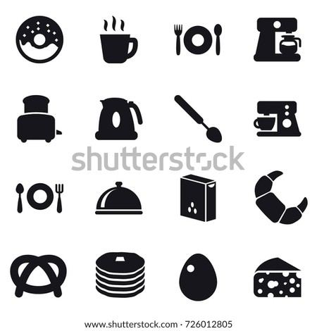 16 vector icon set : donut, hot drink, cafe, coffee maker, toaster, kettle, big spoon, egg, cheese