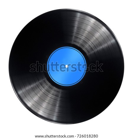 Vinyl record disc with blue label isolated over a white background. Royalty-Free Stock Photo #726018280