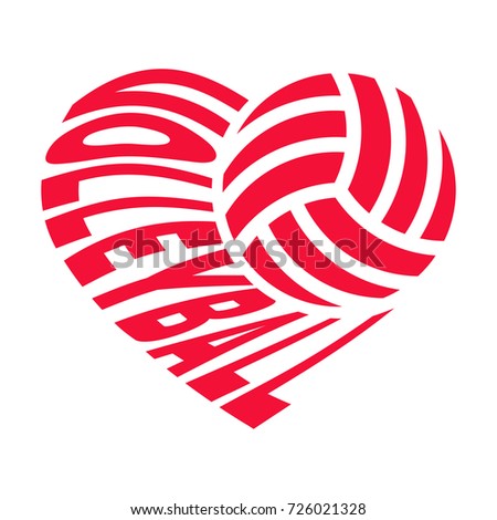 Ball and inscription «VOLLEYBALL» in the shape of a heart. Vector illustration isolated on white background for sports design. 