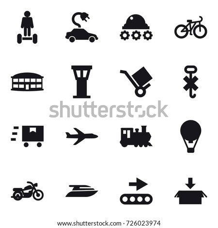 16 vector icon set : hoverboard, electric car, lunar rover, bike, airport building, airport tower, plane, train, air ballon, motorcycle, yacht, package