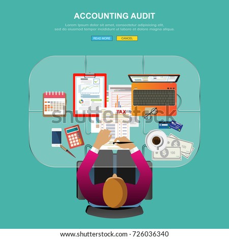  Concepts for auditing . Auditor examination of financial report. Tax process. Research, project management, planning, accounting, analysis, data and investment. Vector for website banners.