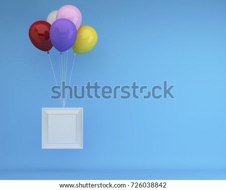 Colorful Balloons Floating with white picture frame on blue background. used for graphic design to creative produce work or artwork design. minimal concept idea.