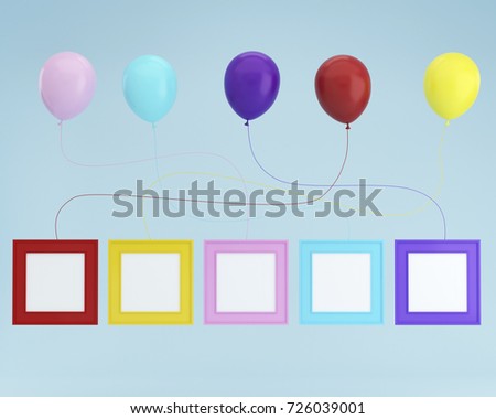 Colorful Balloons Floating with Colorful picture frame on light blue pastel background. used for graphic design to creative produce work or artwork design. minimal concept idea.