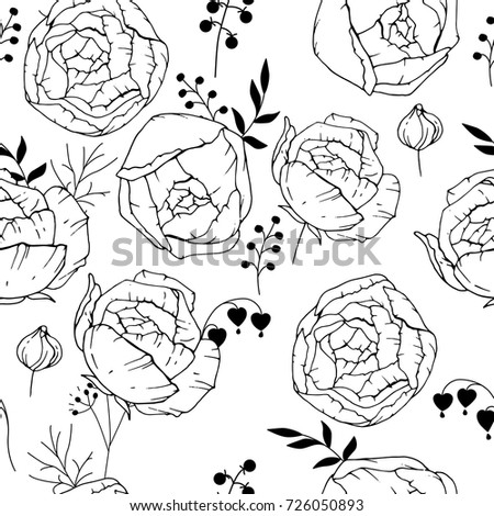 Seamless pattern with black and white contour roses. Endless texture for floral design.