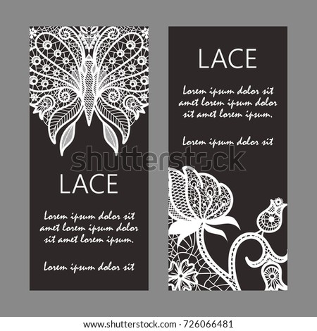 Vector card templates with lace ornament. Vertical banners design. Vintage ornate butterfly and flowers