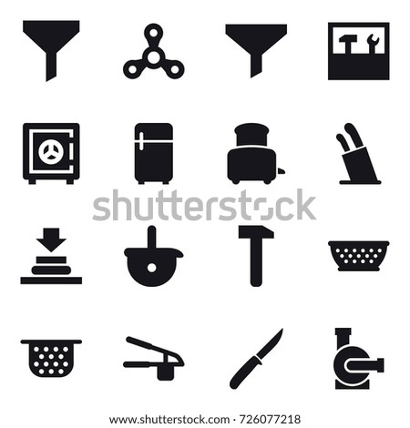 16 vector icon set : funnel, spinner, tools, safe, fridge, toaster, stands for knives, kolander, colander, garlic clasp, knife, water pump