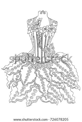 Hand drawn dress. Sketch for anti-stress adult coloring book in zen-tangle style. Vector illustration for coloring page.