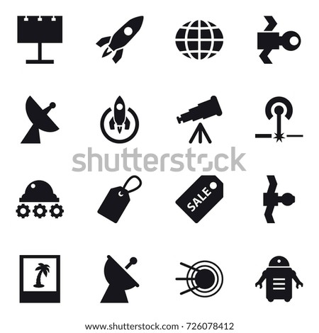 16 vector icon set : billboard, rocket, globe, satellite, satellite antenna, telescope, laser, lunar rover, label, sale label, photo