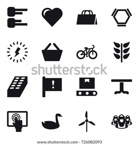 16 vector icon set : diagram, heart, shopping bag, hex molecule, lightning, basket, bike, brick, table, goose, windmill, outsource