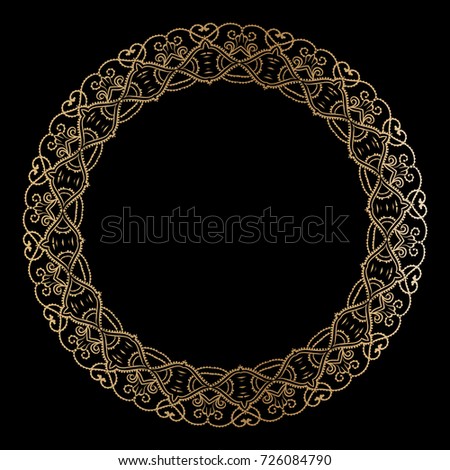 drawing of a round gold gradient frame with floral ornament on a black background